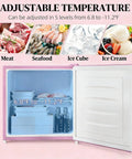 Slick Compact Upright Freezer Featuring Adjustable Temperature Settings showing interior with meat and drinks at 6.8°F to -11.2°F.