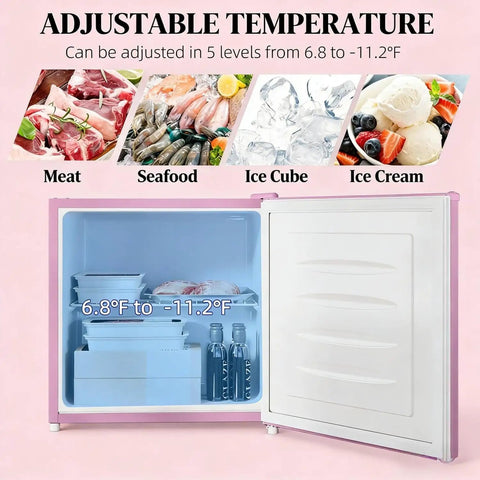 Slick Compact Upright Freezer Featuring Adjustable Temperature Settings showing interior with meat and drinks at 6.8°F to -11.2°F.