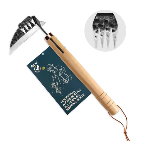 Next Gen Japanese Weeding Sickle And Razor Hand Hoe with forged steel blade and beech handle for gardens
