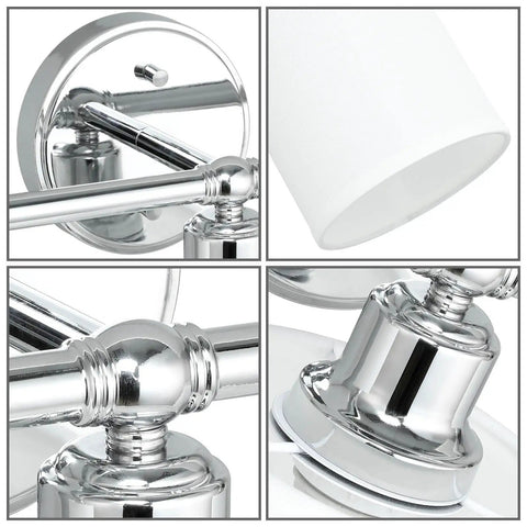 Detailed view of components from Chrome 3 Light Vanity Wall Light With Fabric Drum Shade, Hardwired Bathroom Fixture.