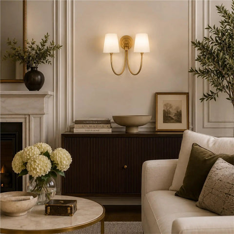 BZXNC Indoor Wall Sconce Fixture, 13" Modern Reading, White Fabric Brass on beige wall with elegant decor.