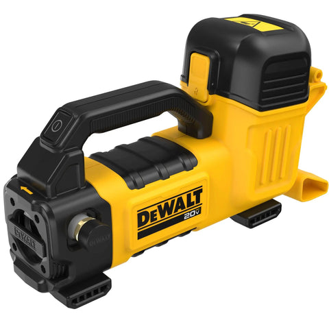 Cordless 20V Max Transfer Pump With 10 GPM Capacity, shown in yellow and black, designed for HVAC and refrigeration jobs, front view