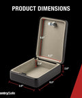 Open compact portable mini safe with key lock for office or dorm stash cash keys passports and small valuables, showing dimensions.