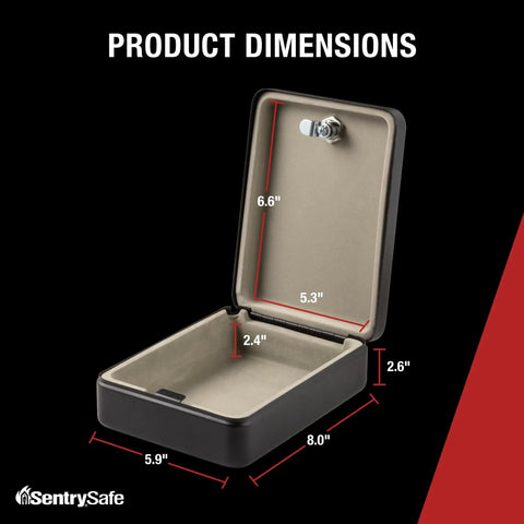Open compact portable mini safe with key lock for office or dorm stash cash keys passports and small valuables, showing dimensions.