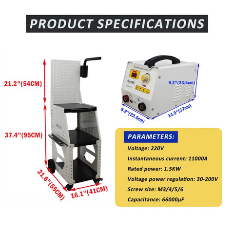 Spot Weld Dent Puller for Aluminum Auto Bodies with Pro Workbench, 220V unit and specifications visible