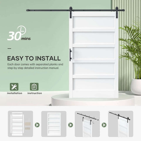 White 48x84 Inch Sliding Barn Door Slab With 8 Foot Hardware Kit Included 5 Panel MDF Wood Door easy DIY assembly