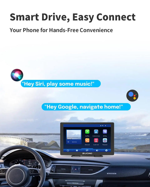 9 Inch Wireless CarPlay Screen For Cars With Android Auto, Touch Screen Display on dashboard, voice control commands visible.
