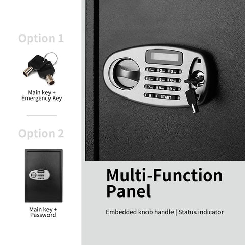 Multi-function panel of Heavy Duty Digital Keypad Safe Box For Home And Office, with embedded knob handle and status indicator.