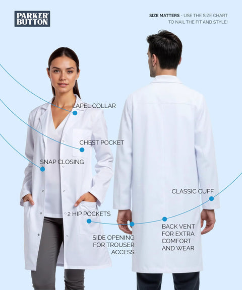 Front and back view of Unisex Button Front Lab Coat With Roomy Fit, Size M, featuring snap front, classic cuff, and multiple pockets.