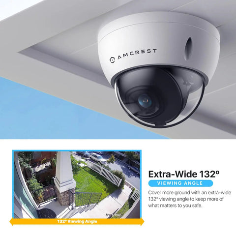 5MP PoE Outdoor Security Camera With Vandal Dome Ultra Clear Night Vision 132 Degree Wide View IP67 Weatherproof shown mounted