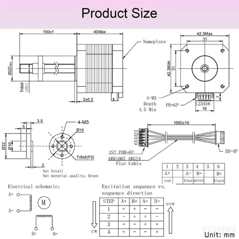Technical drawing of 42x40 Nema 17 Lead Screw Stepper Motor 5.91in(150mm) T8 High Step Angle 1.8 Deg with specifications