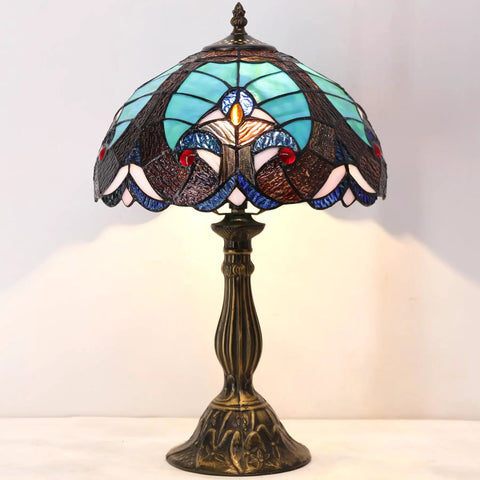 Green Tiffany Style Stained Glass Table Lamp 12 Inch Shade 18 Inch Tall Reading Desk Light Brings Cozy Vibe To Bedroom Or Living Room Nightstand Decor UL Listed With On Off Cord Switch