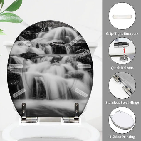Toilet Seat Round Resin for Bathroom with waterfall design, 14.5" x 16.5", stainless steel hinge, and grip-tight bumpers.