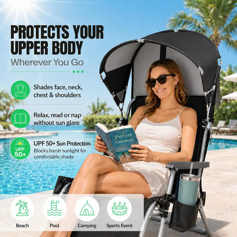 Woman reading under windproof chair umbrella canopy with foldable design and adjustable clamp, showing UPF 50+ protection.