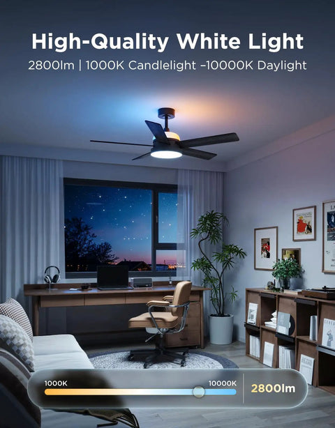 Ceiling Fan With Lights And Remote, 52 Inch Low Profile Black, RGBIC Smart Lighting, Dimmable LEDs in modern living room.