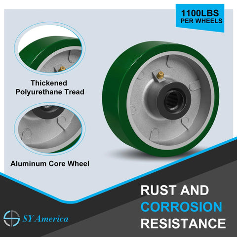 Heavy Duty 5 Inch By 2 Inch Caster Wheels Set Of 4 With Polyurethane On Aluminum Wheels Swivel Casters With Top Lock Brakes For Easy Locking And Maneuverability 4400 Lbs Load Capacity When Used As A Set Green, showing wheel design features.