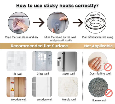 Infographic showing steps to correctly use sticky hooks on tile, glass, metal, wooden, and marble walls. Not for dusty or uneven walls.