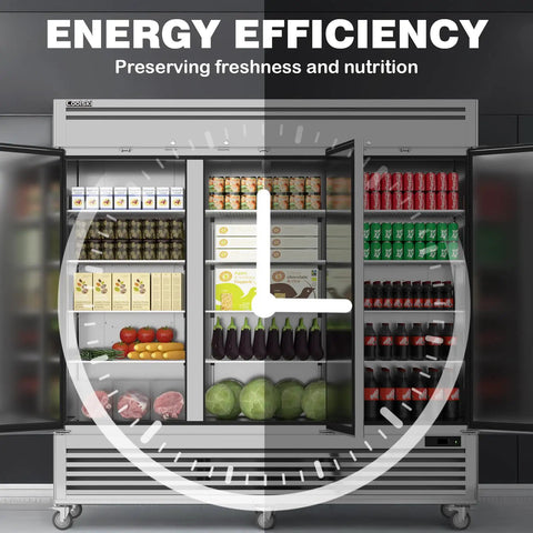 Next Level 3 Door Reach In Commercial Freezer 72 Cu Ft 82 Inches Wide Stainless Steel with food items inside.