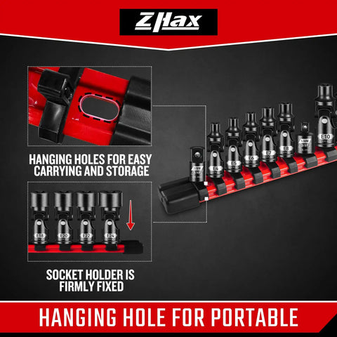 15-Piece E-Torx Swivel Socket Set With 1/4 In And 3/8 In Drives, Universal Joint, External Star Sockets E4 To E24, Built Tough From CR-V Steel, Includes 2 Adapters For Quick, Flexible Auto And Bike Projects. Hanging-hole socket holder with E4 to E24 sockets