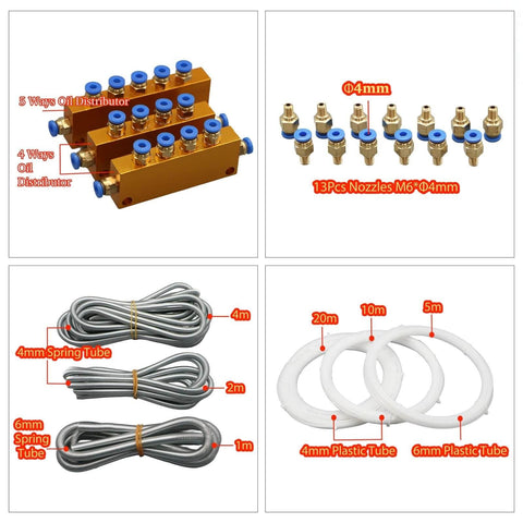 Easy Fit CNC Lubrication Pump Kit components: oil distributors, 4mm and 6mm tubes, 13 nozzles; dual voltage, reliable oil delivery