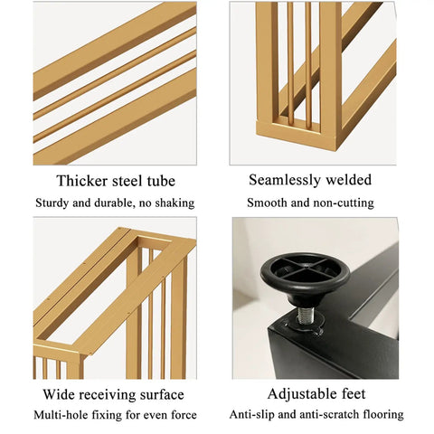 Four detailed images showing Rock Solid Heavy Duty Steel Table Legs For Dining Desk and Coffee Table Built Damn Tough With Adjustable Feet.