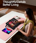 Woman using tablet on Leather Desk Protector Mat For Office And Home Large Mouse Pad Non Slip PU Leather Blotter Waterproof Writing Pad Light Pink 23.6 By 13.8 Inches Perfect For Your Laptop Keyboard And Desk Setup