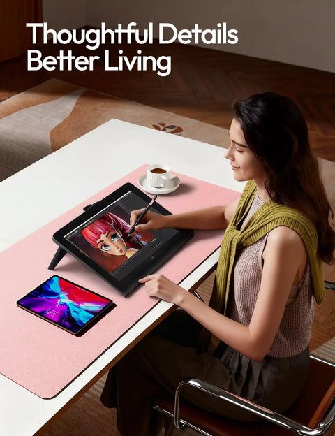 Woman using tablet on Leather Desk Protector Mat For Office And Home Large Mouse Pad Non Slip PU Leather Blotter Waterproof Writing Pad Light Pink 23.6 By 13.8 Inches Perfect For Your Laptop Keyboard And Desk Setup