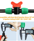 10 Pack Inline Half Inch Drip Irrigation Ball Valves with Locking Barbed Ends and measuring tool