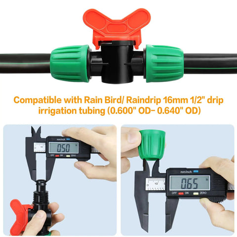 10 Pack Inline Half Inch Drip Irrigation Ball Valves with Locking Barbed Ends and measuring tool