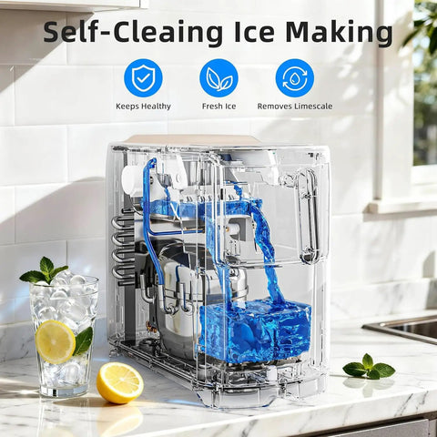 No Fuss Countertop Ice Maker Pumping Out 18 Lbs Of Crisp Bullet Ice Every 6 Minutes With A Slick Slim Footprint self-cleaning water flow