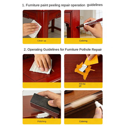 DIY Wood Floor Scratch Repair Kit With 25g Quick Fix Paint Pen for repairing wood surfaces, includes cleaning and coloring steps.
