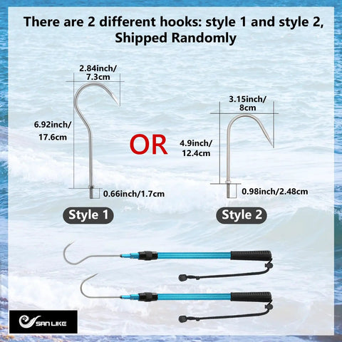 Telescopic Gaff For Saltwater Fishing with style 1 and style 2 stainless steel hooks and aluminum alloy pole on ocean background