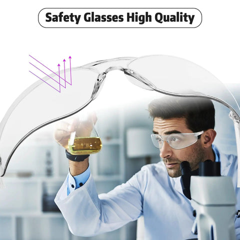 Clear ANSI Z87.1 Safety Glasses For Men With Polycarbonate Lenses, Scratch And Impact Resistant, Wind And Dust Protection, Comfy Fit, Available In Clear Or Smoke Tint For Everyday Outdoor Use, worn in lab