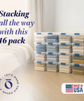 Heavy Duty Clear Plastic Storage Totes Set Of 16 31 Quart Stackable Bins With Latching And Locking Lids For Holiday Decor Linens Clothes And Crafts Plus Easy Carry Handles For Quick Organization shown stacked with linens inside.
