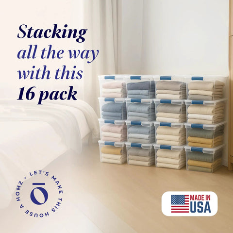 Heavy Duty Clear Plastic Storage Totes Set Of 16 31 Quart Stackable Bins With Latching And Locking Lids For Holiday Decor Linens Clothes And Crafts Plus Easy Carry Handles For Quick Organization shown stacked with linens inside.