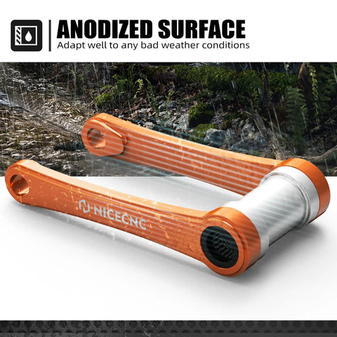 Orange Adjustable Lowering Suspension Link Arm For Front End Stability And Handling CNC Machined Billet Aluminum With Anodized Finish Easy Install Street Ready Drop Kit For Improved Ride And Precision Steering With An Aggressive Look. orange anodized adjustable link arm with CNC machined billet aluminum body