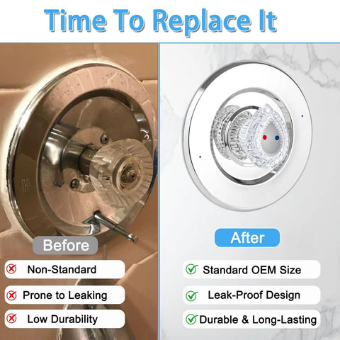 Comparison before and after using Posi-Temp Single Handle Shower Knob Replacement Kit For Tub And Shower Faucets with white button insert