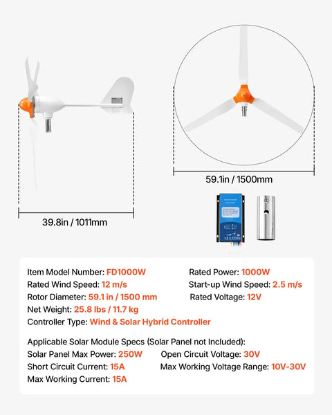 Big Power 1000W 12V Wind Turbine Kit With 3 Blades and Solar Hybrid Controller dimensions and specifications shown