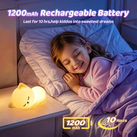 Child sleeping with Kids Night Light Cat Lamp With 16 Color Modes, dimmable and rechargeable silicone nightlight beside bed