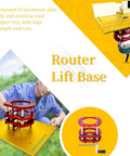 Top Shelf Metal Router Lift Base With Zero Lag Height Control Bulletproof Insert Plate Kit with aluminum body and stainless steel support.