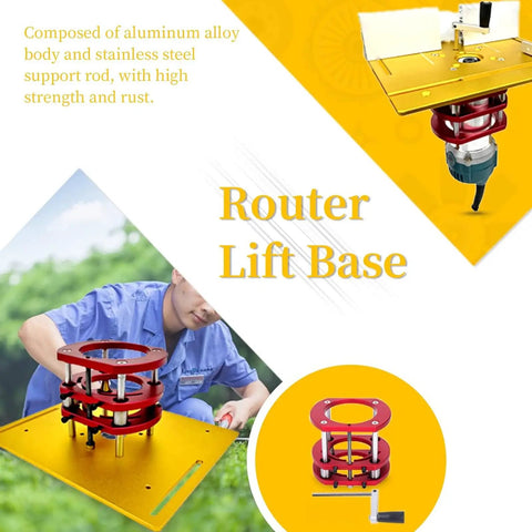 Top Shelf Metal Router Lift Base With Zero Lag Height Control Bulletproof Insert Plate Kit with aluminum body and stainless steel support.