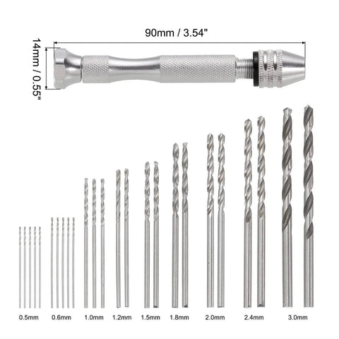 Deluxe Tiny But Mighty Drill Bit Set For Precision Work Nine Size Pin Vise Hand Bits From 0.5mm To 3.0mm with measurements
