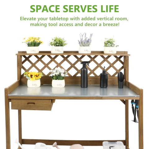 Outdoor Fir Wood Potting Bench With Metal Table Top Drawer Large Bottom Shelf And Open Shelf Garden Work Station with decor