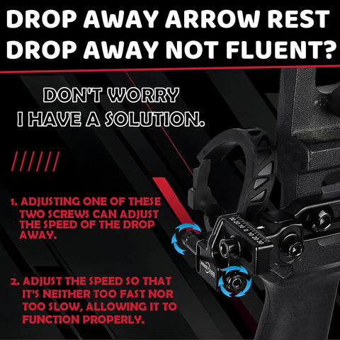 Drop Away Arrow Rest For Compound Bow, All Metal Construction With Felt To Preserve Smooth Arrow Flight, adjustment screws illustrated