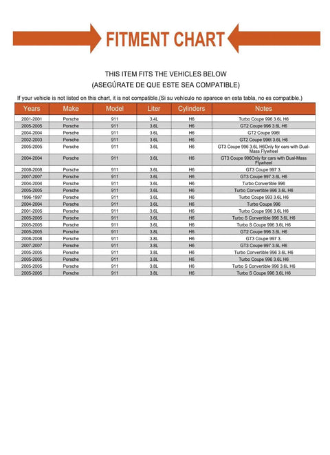 Fitment chart for Heavy Duty Clutch Flywheel Replacement For Porsche 911 GT3 Coupe 997, compatibility details listed.