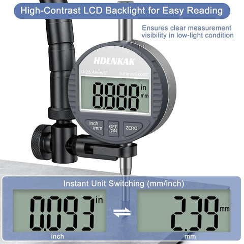 HDLNKAK electronic digital dial indicator gauge, front view, inch/mm conversion 0–1 in / 0–25.4 mm, gray housing LCD display