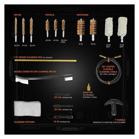 The Ultimate 19Pc Universal Gun Cleaning Kit With Tactical Brush And Sturdy Tools Perfect For Hasty Field Fixes And Daily Maintenance Surefire Way To Tame Your Firearm Gear Without The Bigger Hassle. 19-piece gun cleaning kit with brass brushes, rod, cable, patches, and T-handle