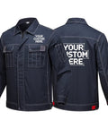 Custom Heavy Duty Work Jacket For Men And Women, Rugged Tear Resistant Mechanic Outerwear, Personalized Company Logo Team Gear Shop Ready Utility Coat With Full Print, navy blue front and back view, customizable design.