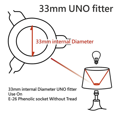 Diagram illustrating 33mm UNO fitter compatible with E-26 phenolic socket for Transitional Empire Lamp Shade In Flaxen Linen With Tattersail Pattern, UNO Slip Fitter, Brass Fitter, 6 Inch Top, 12 Inch Bottom, 9 Inch Slant Height, Drop About Six And A Quarter Inches, Fits Phenolic Sockets.