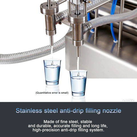 Heavy Duty Stainless Steel Liquid Filler Double Head Pneumatic Bottle Machine With Foot Pedal pouring liquid into two glasses.